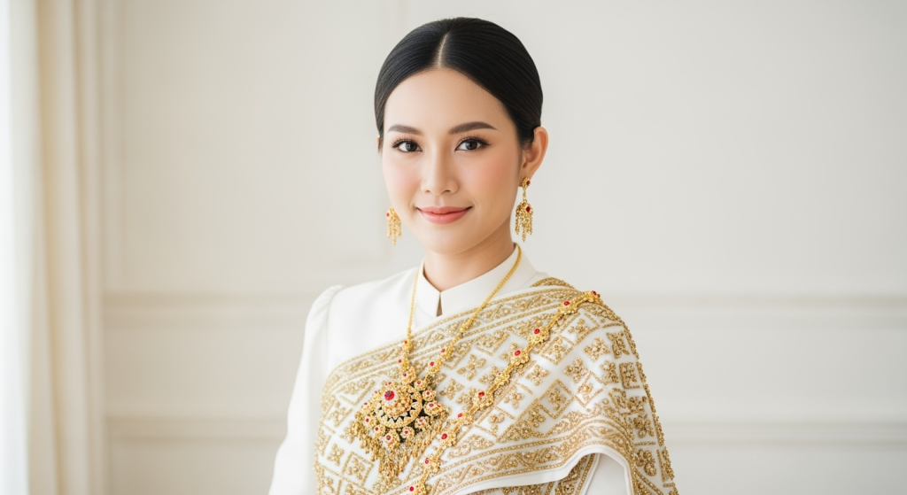Thai wedding attire in white and gold