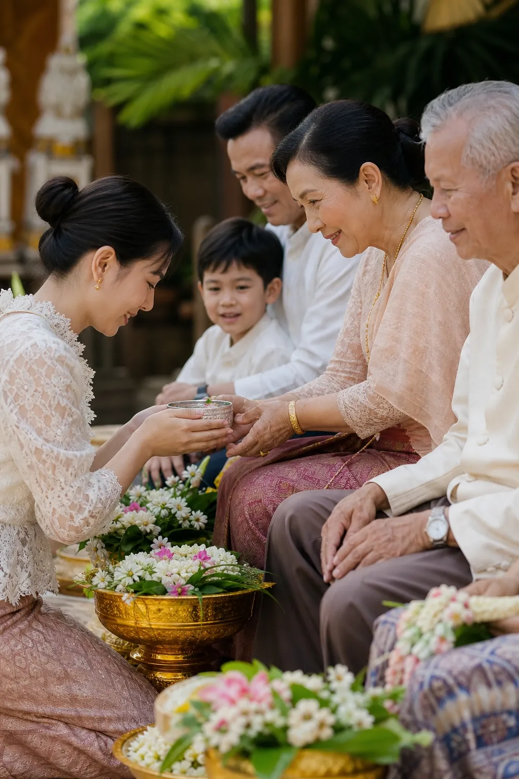 A family sharing a Songkran blessing