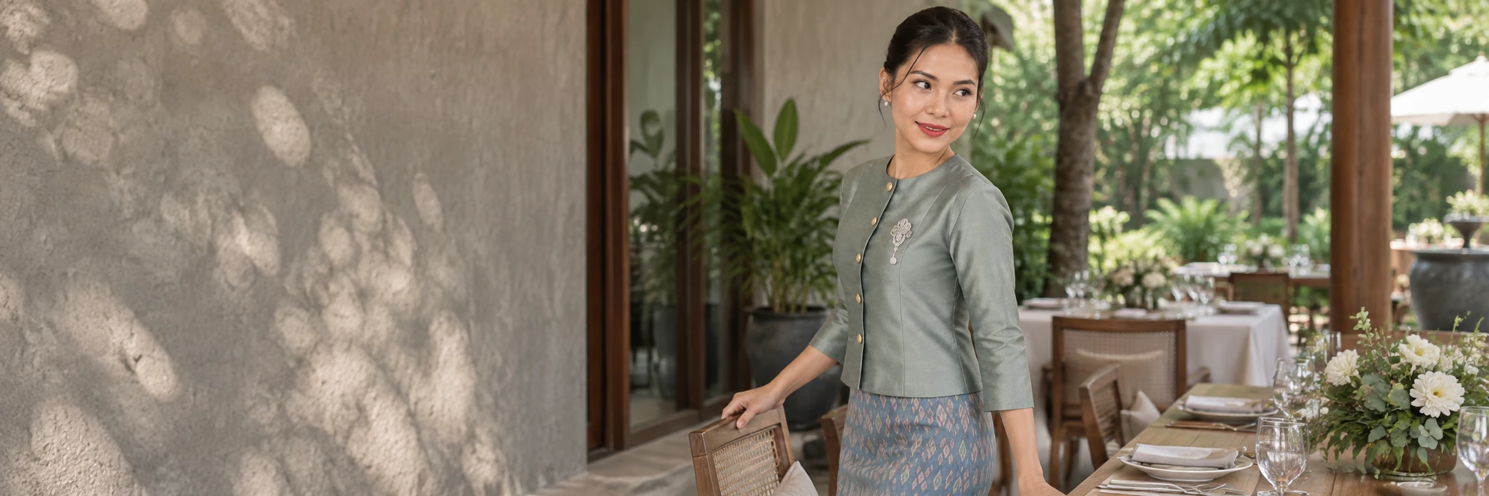 A woman in a sage blouse and blue-grey Pha Sin at a garden venue